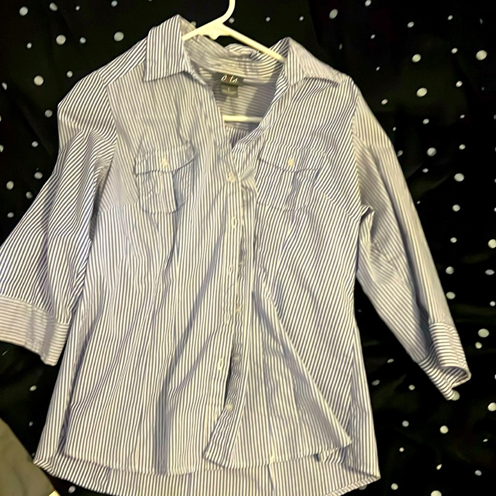 Striped button down shirt RUNS VERY SMALL, sleeves roll up and have buttons